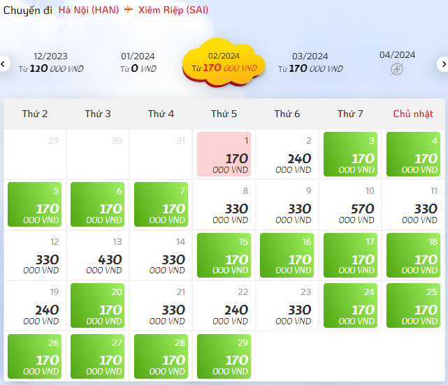 Giá vé máy bay từ Hà Nội đi Siem Reap hãng Vietjet Air