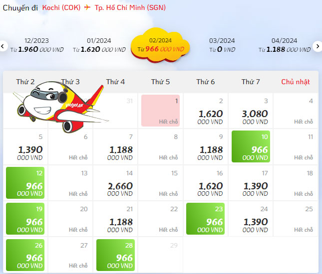 Giá vé máy bay từ Sài Gòn đi Kochi hãng Vietjet Air