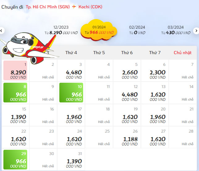 Giá vé máy bay từ Sài Gòn đi Kochi hãng Vietjet Air