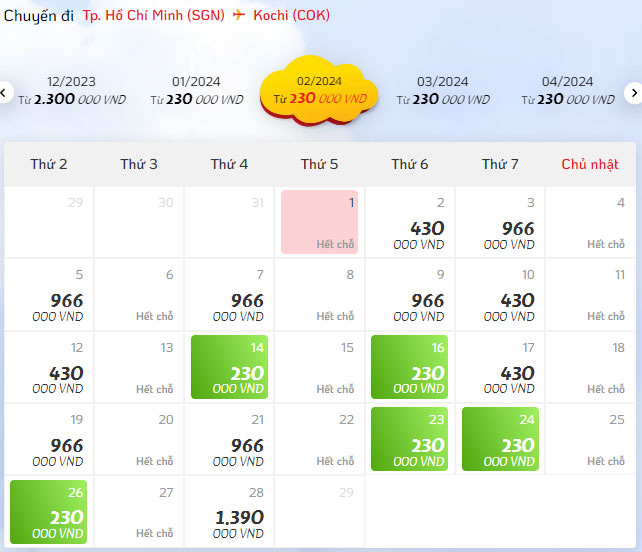 Giá Vé máy bay đi Kochi Ấn Độ hãng Vietjet bao nhiêu tiền