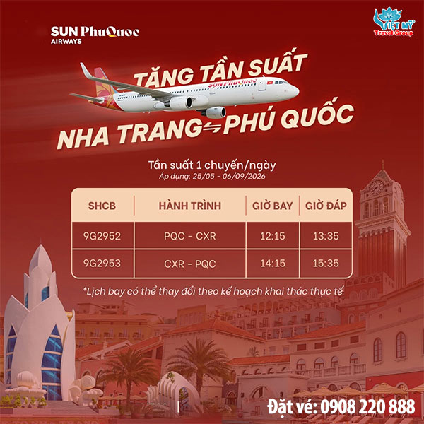 Sun PhuQuoc Airways tăng tần suất bay Nha Trang đi Phú Quốc
