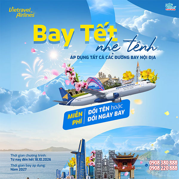 Vietravel Airlines ưu đãi miễn phí thay đổi vé Tết